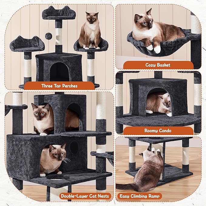 Yaheetech 76.5in Multi-Level Large Cat Tree, Big Cat Tower with 3 Condos, Cozy Plush Perches, 9 Sisal Scratching Posts and Ladder, Activity Center for Large Kitties, Black