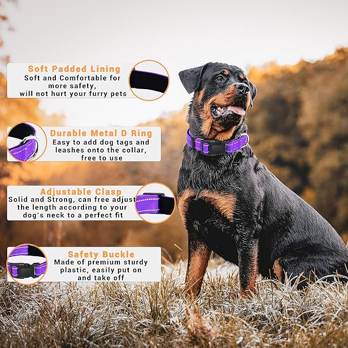 2 Pack Reflective Dog Collar with Safety Locking Buckle, Adjustable Soft Breathable Comfortable Nylon Pet Collar for Small, Medium and Large Dogs, Purple, S