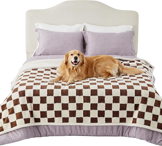 LE SURE Waterproof Dog Blanket for Large Dogs - Washable Double Sided Dog Blankets with Warm Jacquard Shag and Soft Sherpa Fleece, Pet Cat Blanket for Bed Protection, 3D Textured Checks, Brown