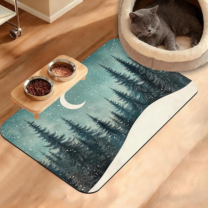 Pet Feeding Mat,Abstract Forest Absorbent Dog Cat Food Mat Moon Dog Mat with Rubber Backing,Non-Slip Water Bowl Placemat,Pet Supplies 16" x 24"