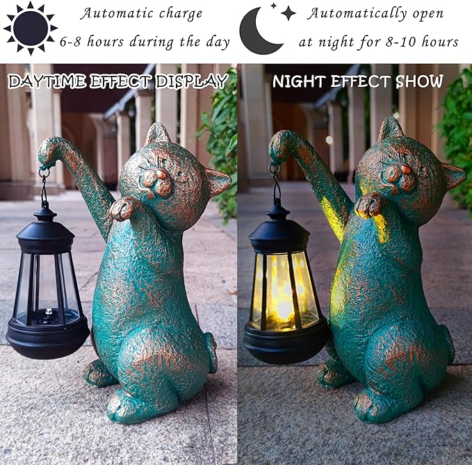 Cat Garden Statue Outdoor Décor with Solar Lights Lantern,Cat Solar Light Figurines Outside Decorations for Yard，Lawn Patio, Balcony, Unique Housewarming Gifts