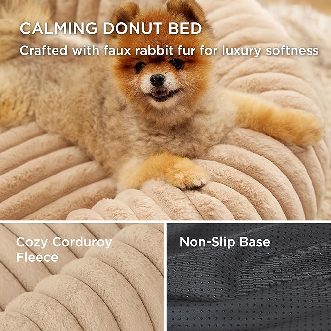 Bedsure ComfyFleece™ Donut Medium Dog Bed - Washable Faux Fur with Corduroy Fleece & Anti Slip Bottom, Round Pet Bed with Removable Cover, Sandy Beige, 30x30x8 inches