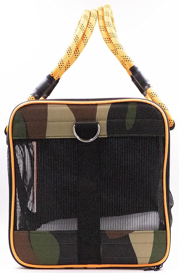 Buddy's Best Airline Approved Pet Carrier – Army Camo & Orange for Dog or Cat, Fits Under Seat, TSA Compliant, Ventilated Mesh Design w/Waterproof Base & Reflective Strips