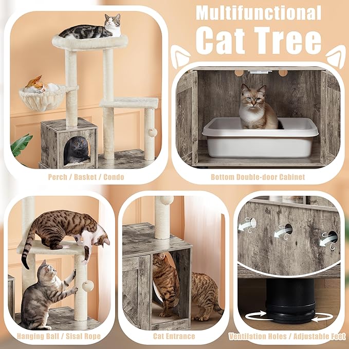 Yaheetech Litter Box Enclosure with Cat Tree, All-in-one Indoor Kitten House w/Scratching Posts, Wooden Cat Litter Box Furniture w/Kitty Condo, Platform, Greige/Beige