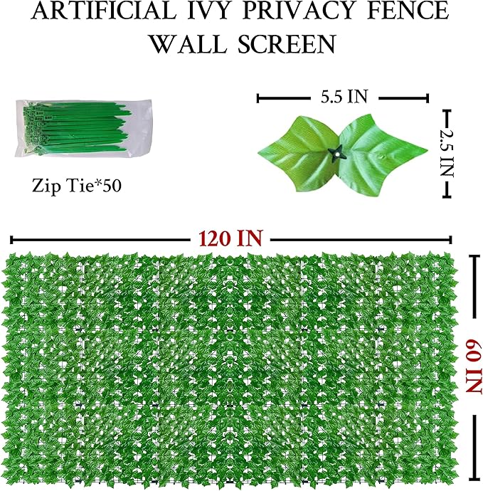 Artificial Ivy Fence Privacy Screen,60 x 120 Inch UV-Anti Artificial Fake Ivy Hedge,Light Green Artificial Hedge Backyard Decor for Indoor, Outdoor,Garden,Fence,Balcony and Many Other Scenarios