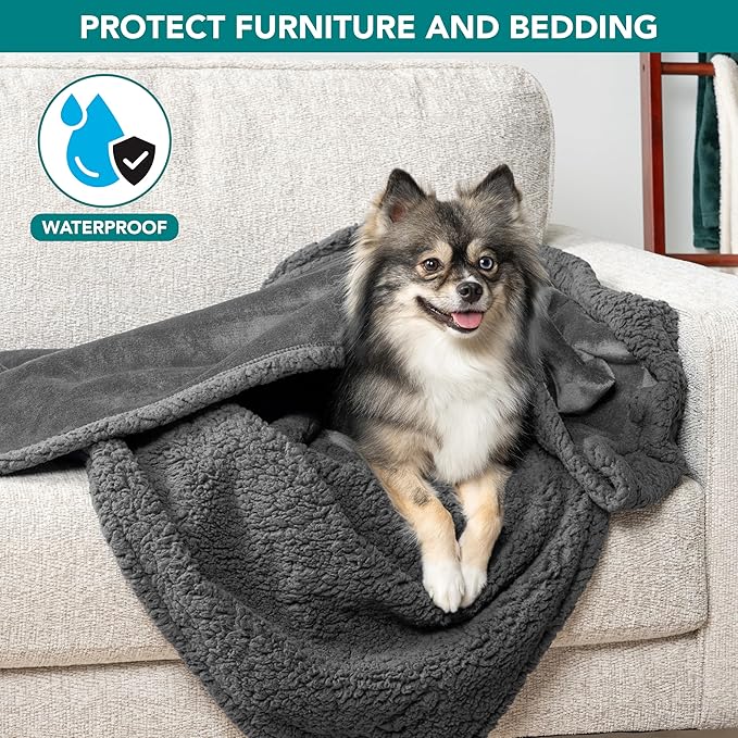 PetAmi Waterproof Dog Blanket for Small Medium Dog Puppy Cat Throw for Couch Cover Leakproof Protection, Sherpa Fleece, Reversible Soft Washable 29x40 Gray Gray