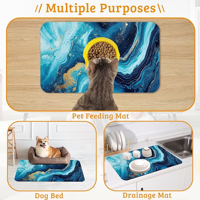 Dog Bowl Mat,Blue Gold Marble Pet Feeding Mat for Floors Waterproof,Flowing Absorbent Dogs Placemat for Food and Water Quick Dry Pet Cat Feeding Mats with Non Slip Bottom 12" x 20"