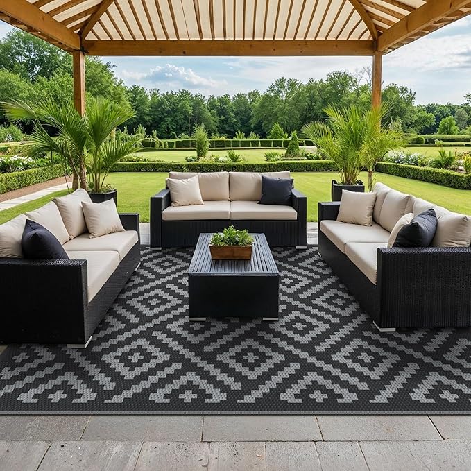 GENIMO Outdoor Rug for Patio Clearance,9'x12' Waterproof Large Mat,Reversible Plastic Camping Rugs,Rv,Porch,Deck,Camper,Balcony,Backyard,Black & Gray