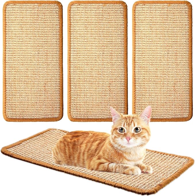 Tuanse 4 PCS Cat Scratcher Mat, 15.7 x 7.8 Inches Sisal Cat Scratching Pad, Horizontal Floor Scratching Pad Rug with Adhesive Loop Tape for Protect Couch and Carpets(Khaki)
