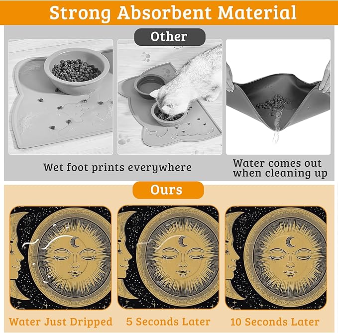 Dog Bowl Mat,Moon Sun Pet Feeding Mat for Floors Waterproof,Boho Vintage Absorbent Dogs Placemat for Food and Water Quick Dry Pet Cat Feeding Mats with Non Slip Bottom 12" x 20"