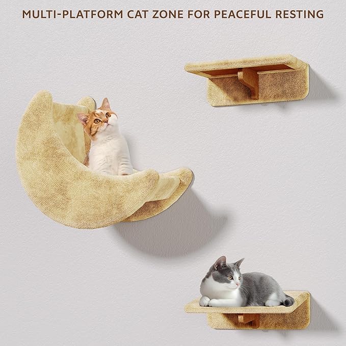 13-in-1 Cat Wall Shelves, Wall Mounted Cats Furniture Set with Plush Fabric, Cat Climbing Wall Systems, Cats Shelf with Moon Hammock, Condo, House, Step, Bridge Ladder, Scratching Post, Beige
