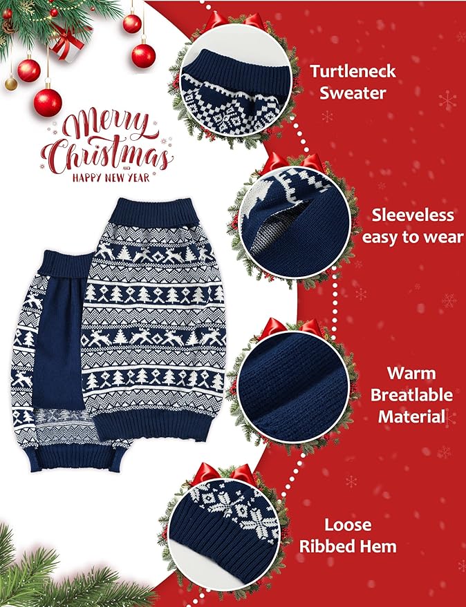 Dog Christmas Sweater, Soft Warm Pet Clothes Coat for Small Medium Large Dogs and Cats Boy Girl, Fall Cozy Holiday Turtleneck Knitting Collar Pullover Pup Outfit Costume for Thanksgiving New Year