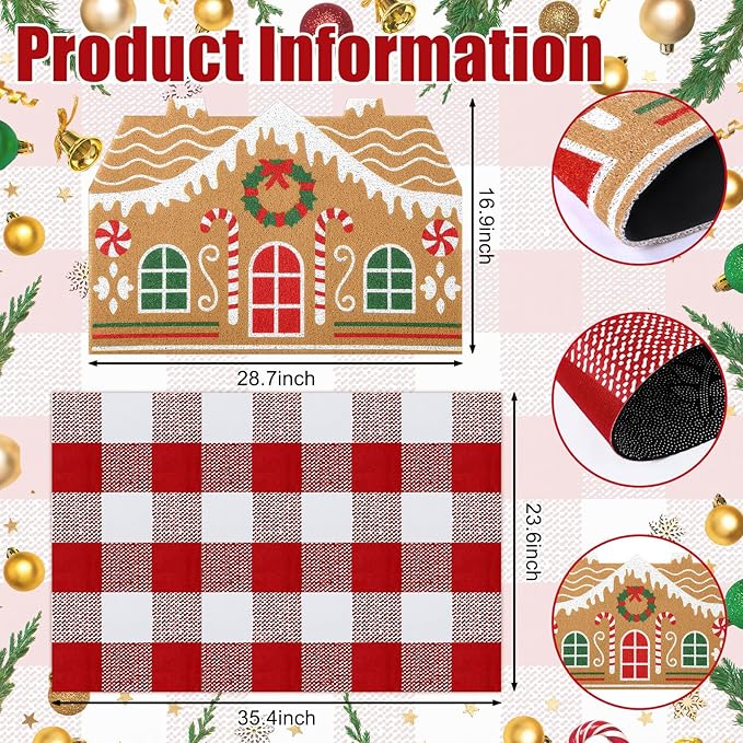 Tinideya 2 Pcs Door Mat Welcome Non Slip Coir Mats Floor Layering Doormats Seasonal for Front Porch Entryway Decor(Gingerbread House)