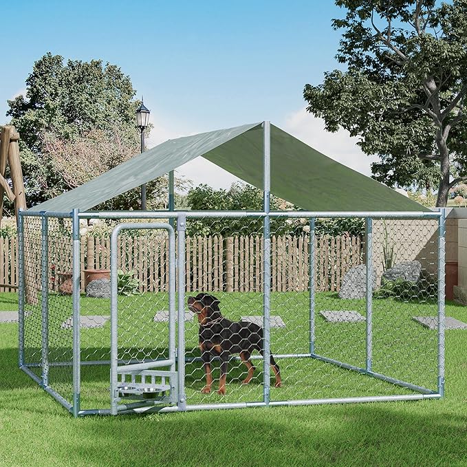 7.5×7.5×5.3 FT Outdoor Dog Kennel with Roof, Dog Enclosure w/Rotating Feeder, Large Heavy Duty Dog Run Playpen w/2 Stainless Bowls, Galvanized Pet House w/Secure Lock, Waterproof Cover (7.5FT)
