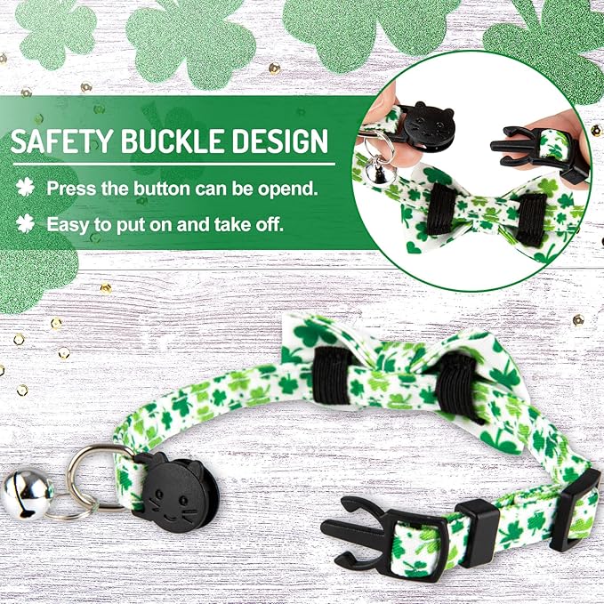 Whaline 4 Pack St. Patrick's Day Easter Cat Collar with Bowknot and Bell Shamrock Bunny Rabbit Egg Pattern Safety Breakaway Adjustable Pet Collars for Cat Kitten Puppy