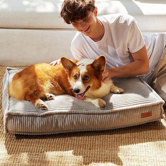 FUKUMARU 5.5-Inch Thick Dog Bed Mat, Washable Cat Bed with Waterproof Lining, Orthopedic Dog Beds for Senior Dogs, Cozy Flat Dog Kennel Bed for Crate, Non-Slip Pet Pillow Bed, Grey