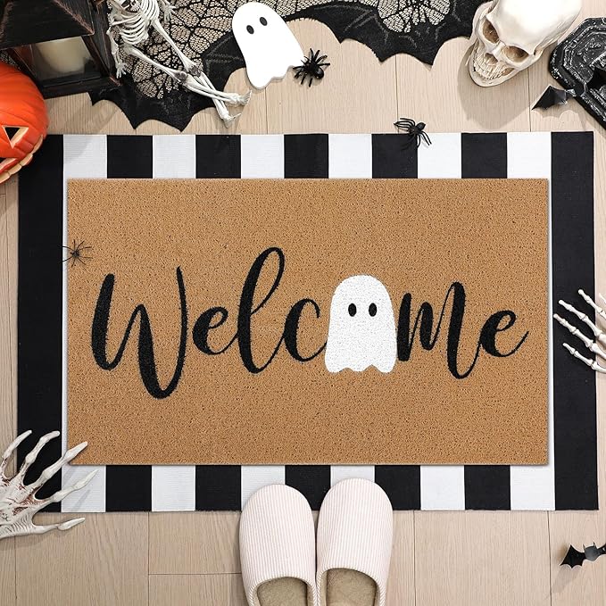 Tinideya 2 Pcs Door Mat Welcome Non Slip Coir Mats Floor Layering Doormats Seasonal for Front Porch Entryway Decor(White Ghost)