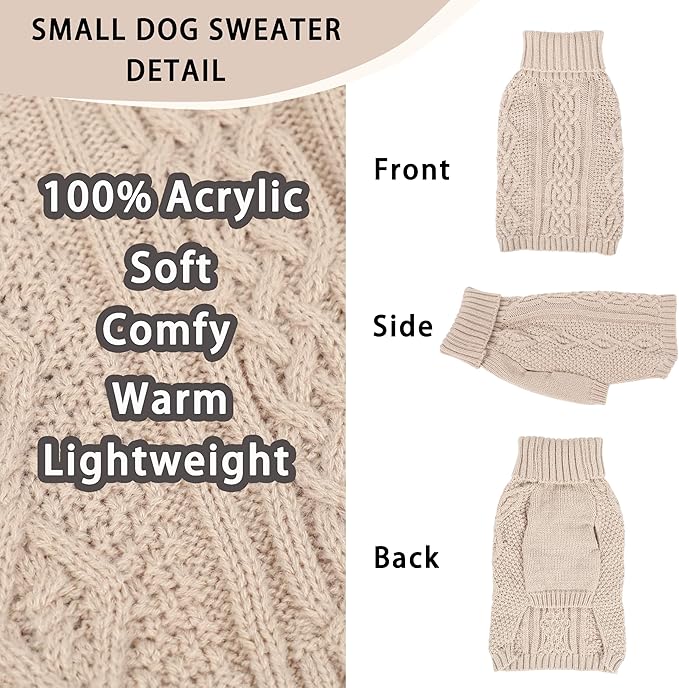 Knitted Dog Sweaters for Small Dogs Warm Small Dog Clothes Winter Sleeveless Puppy Sweater Turtleneck Dachshund Clothes with Twisted Design Doggy Pullover Knitwear Pet Cat Outfit (Beige, Medium)
