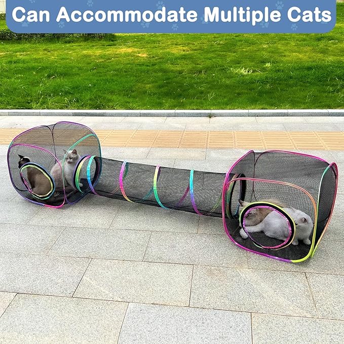 Outdoor Cat Enclosures Portable Cats Tunnel with Carry Bag Breathable Kitty Tent Outdoor with 2 Mouse Toys Outside Cat Enclosure for Indoor Cats (2 Cubes + Run Tunnel)