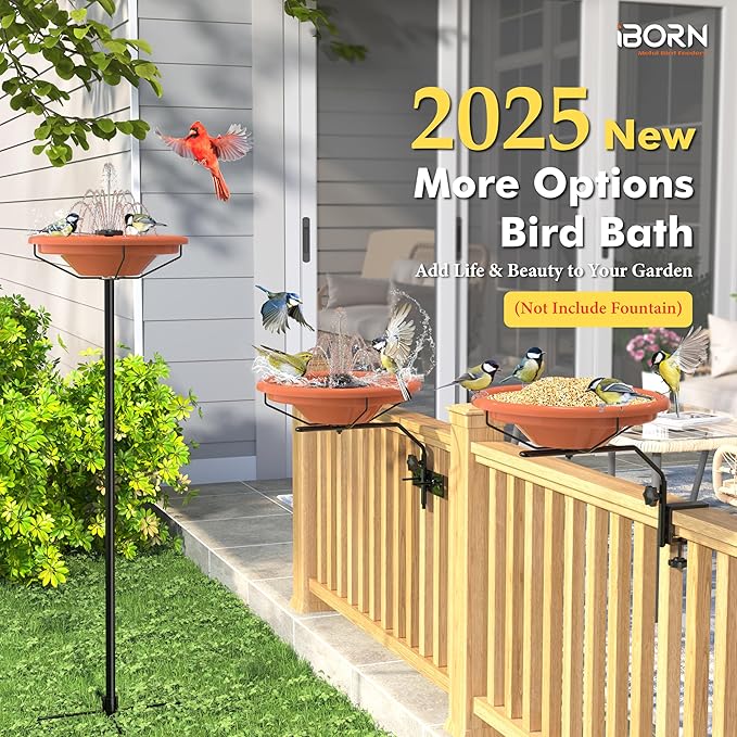 iBorn Bird Bath for Outside,Deck Mounted Bird Bath 12in，Birds Baths for Outdoors with Adjustable Clamp 3.2in，BPA-Free Bowl，360°Swivel & Adjustable Height Bracket，Detachable Birds Baths, Pack of 1