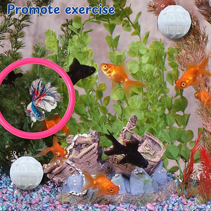 Betta Ring Enrichment Toys with Filter Ball set, Turtle Water Cleaner Ball, Aquarium Feeding Ring with Nitrifying Balls, Betta Fish Toy, Aquatic Turtle Enrichment Toy, Tortoise Supplies (Pink, M-70mm)
