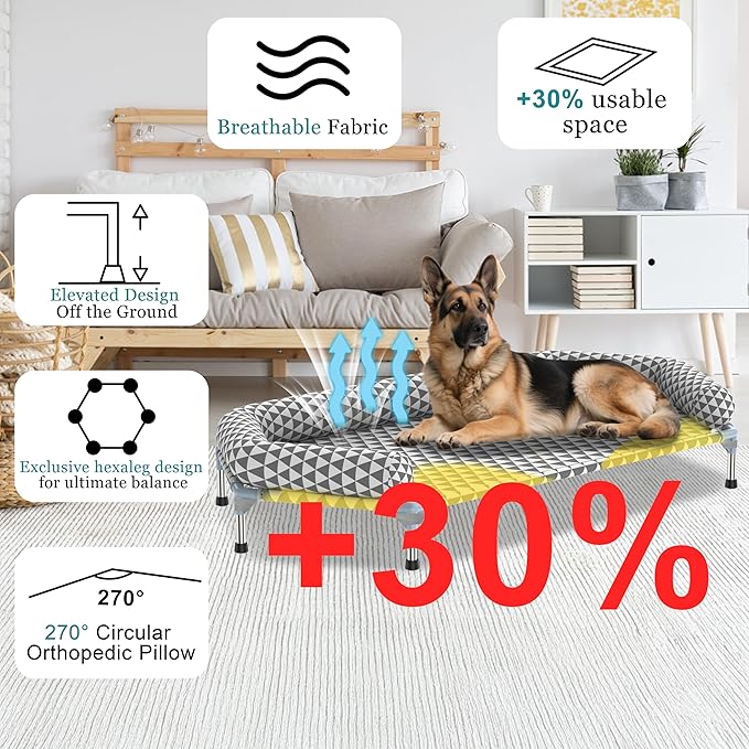 Orthopedic Dog Beds for Large Dogs - Removable Bolsters & cleanable Cover,Elevated Outdoor Dog Bed,Easy to Assemble,Up to 130lbs,Extra Large