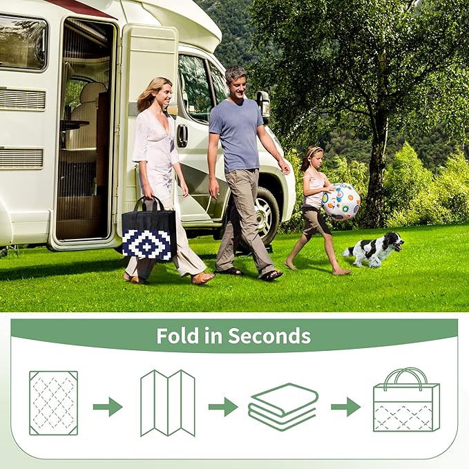 GENIMO Outdoor Rugs 8x10 Waterproof, Reversible Mats, Area Plastic Straw Rug, Outside Carpet, Geometric Rv Mat for Patio Camping Rv Picnic Backyard Deck Balcony Porch Beach Trailer (Navy Blue & White)