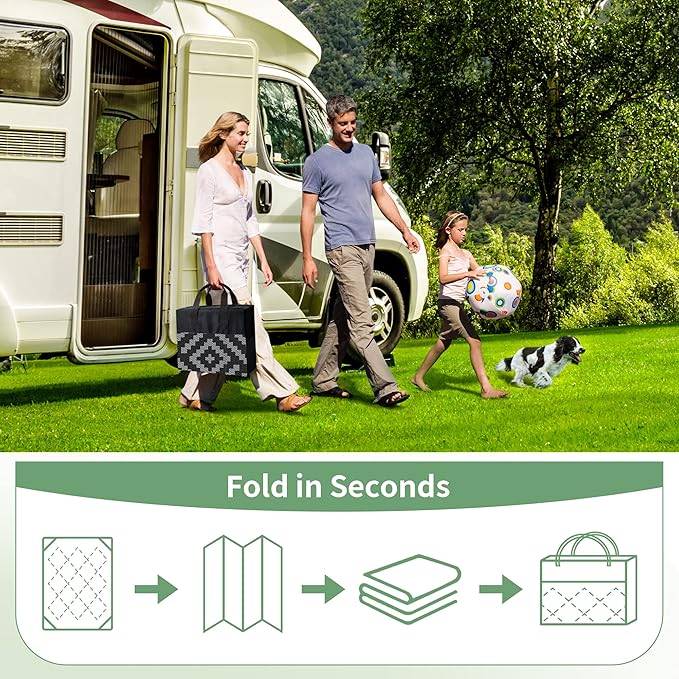 GENIMO Outdoor Rug 4x6 Waterproof, Reversible Mats, Outdoor Area Rug, Plastic Outside Carpet, Eeometric Rv Mat for Patio Camping Rv Picnic Backyard Deck Balcony Porch Beach (Black & Grey)