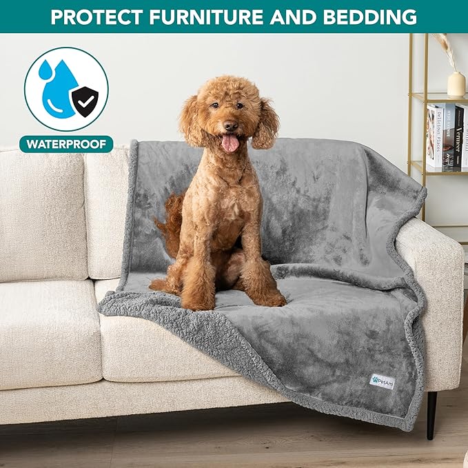 PetAmi Waterproof Dog Blanket for Medium Large Dog Puppy Cat Throw for Couch Cover Leakproof Protection, Sherpa Fleece, Reversible Soft Washable 60x40 Light Gray