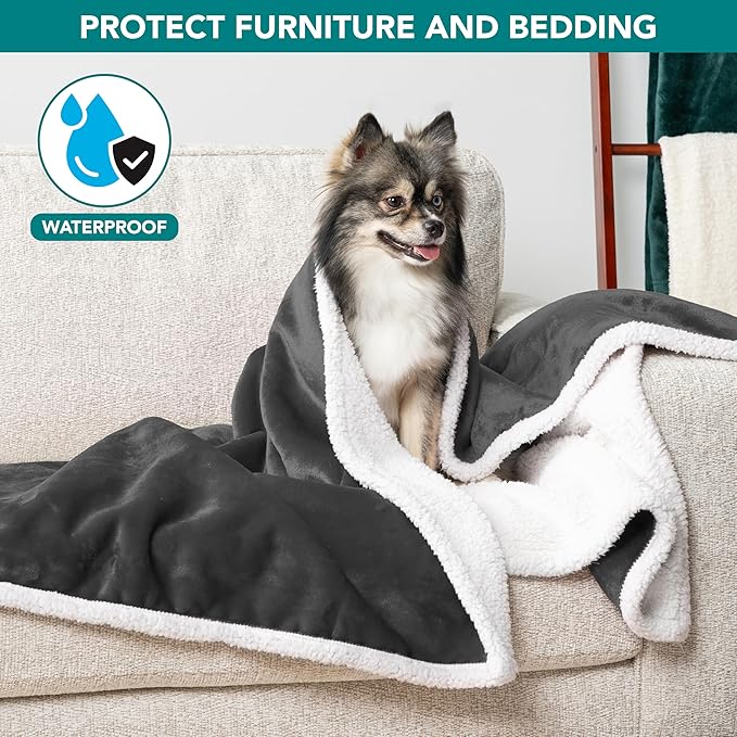 PetAmi Waterproof Dog Blanket for Small Medium Dog Puppy Cat Throw for Couch Cover Leakproof Protection, Sherpa Fleece, Reversible Soft Washable 29x40 Charcoal Gray