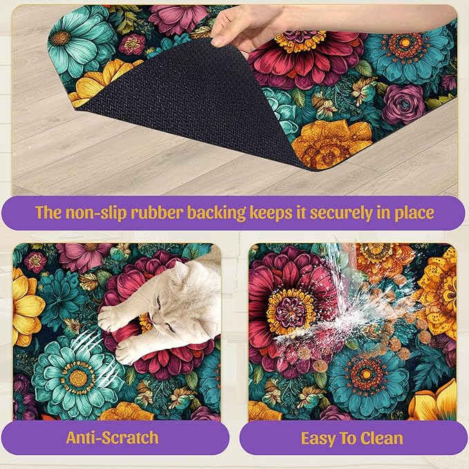 Vintage Floral Pet Feeding Mat, Fast-Dry Absorbent Dog and Cat Bowl Mat, Waterproof Rubber Base – 12x20 Inch