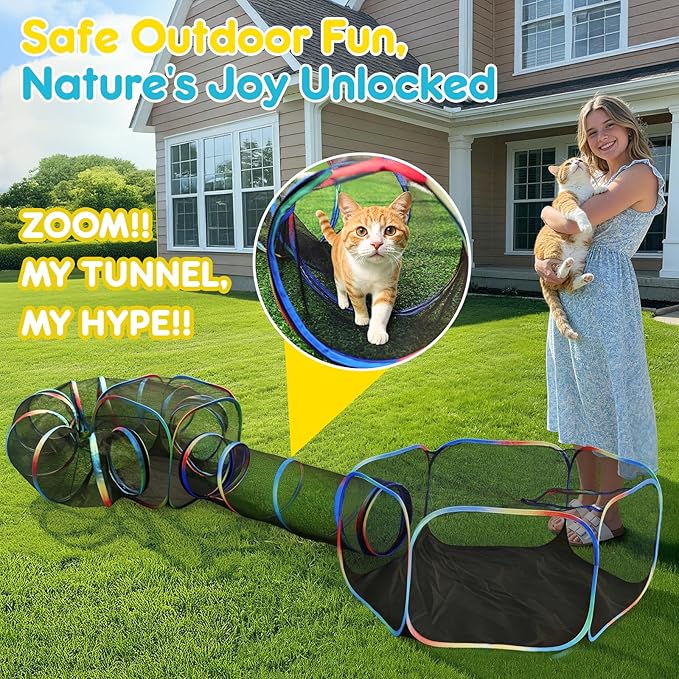 Outdoor Cat Enclosure - 4-in-1 Portable Cat Tunnels with Tent, Cube, Collapsible Catio for Cat Run Outside, Pop up Enclosed Playground for Indoor Cats, Kitty & Small Animals