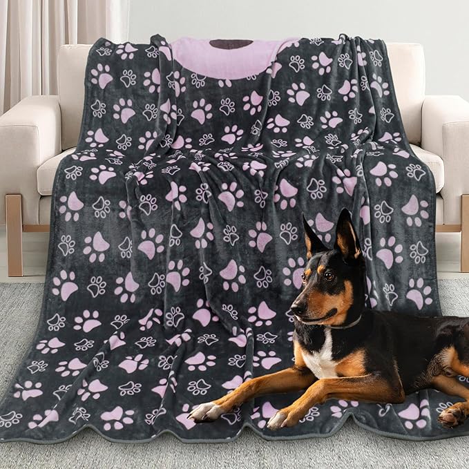 Dog Blankets for Large Dogs,Washable Pet Blanket, Soft Crate Bed with Paw Pattern for Kennel/Couch, Grey & Pink 80x60 Inch