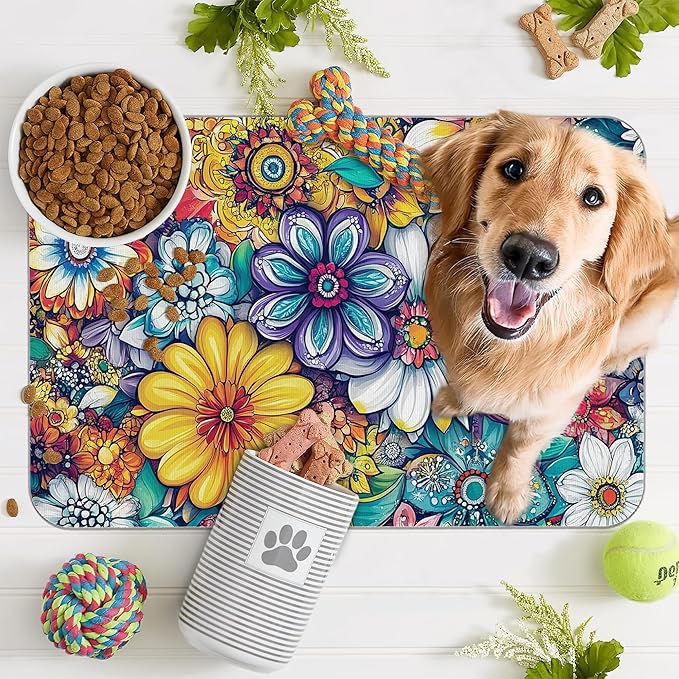Floral Dog Food Mat for Floors,Cute Mandala Flower Absorbent Quick-Dry Pet Feeding Mat,Cat Dog Bowl Mats for Food and Water,Non-Slip Pet Accessories Supplies 12"x20"
