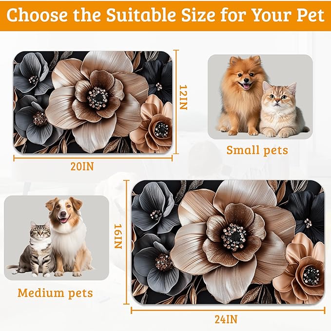 Black Brown Flower Feeding Mat,Artistic Absorbent Quick-Dry Cat Dog Food and Water Bowl Mats,Non-Slip Rubber Backing Mat,Cat Dog Accessories Supplies 16" x 24"