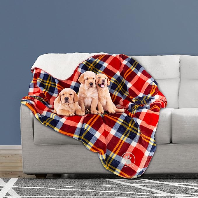 Waterproof Pet Blanket - 50x60 Reversible Plaid Throw Protects Couch, Car, Bed from Spills, Stains, or Fur - Dog and Cat Blankets by Petmaker (Red)