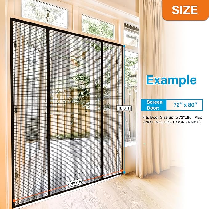 Double Door Fiberglass Magnetic Screen Door，Screen Door Mesh，Keep Bugs Out, Heavy-Duty Mesh Curtain,Pet and Kid Friendly, Works with Front Doors, Sliding Doors（74x80 Inch