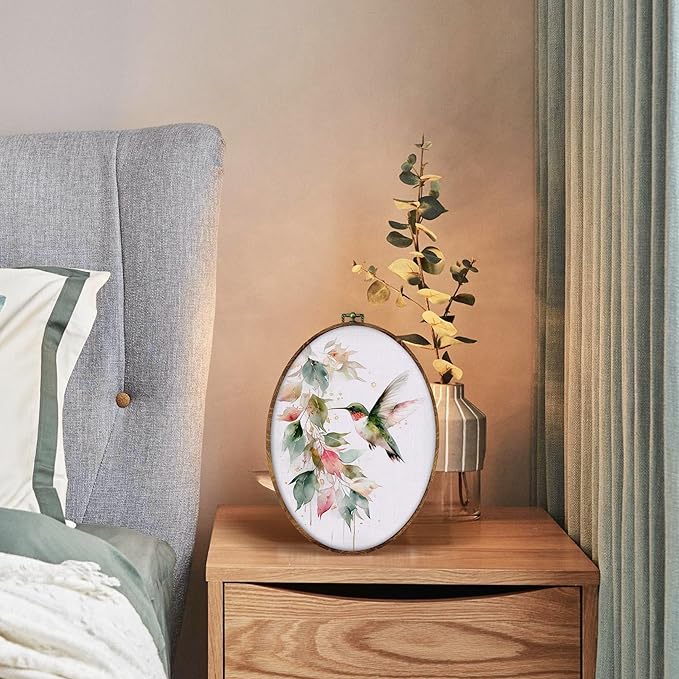 DILSJ Hummingbird Botanical Oval Wall Art Decor, Farmhouse Green Hummingbird Canvas Wall Art Framed, Watercolor Bird Hanging Decorations for Home Living Room Bedroom, 11x8.5 Inch