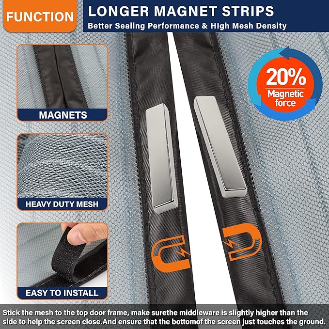 Magnetic Screen Door，Screen Door Mesh，Keep Bugs Out, Heavy-Duty Mesh Curtain,Pet and Kid Friendly, Works with Front Doors, Sliding Doors（36 x 80 Inches Gray