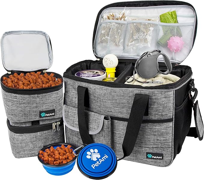 PetAmi Dog Travel Bag - Organizer with Food Container, Bowls & Accessories for Weekend Camping, Cat Diaper Bag (Grey, Medium)