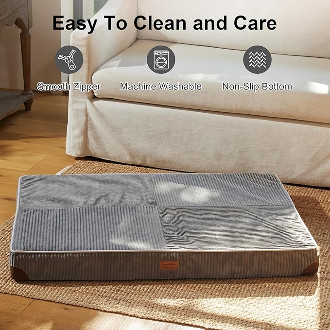 FUKUMARU Dog Bed, Thickened Corduroy Orthopedic Dog Beds with Washable Cover, XL Waterproof Dogs Bed for Crate, 28D Egg Crate Foam Support Pet Mat, Cozy Pet Bed Pad with Anti-Slip Bottom, Grey