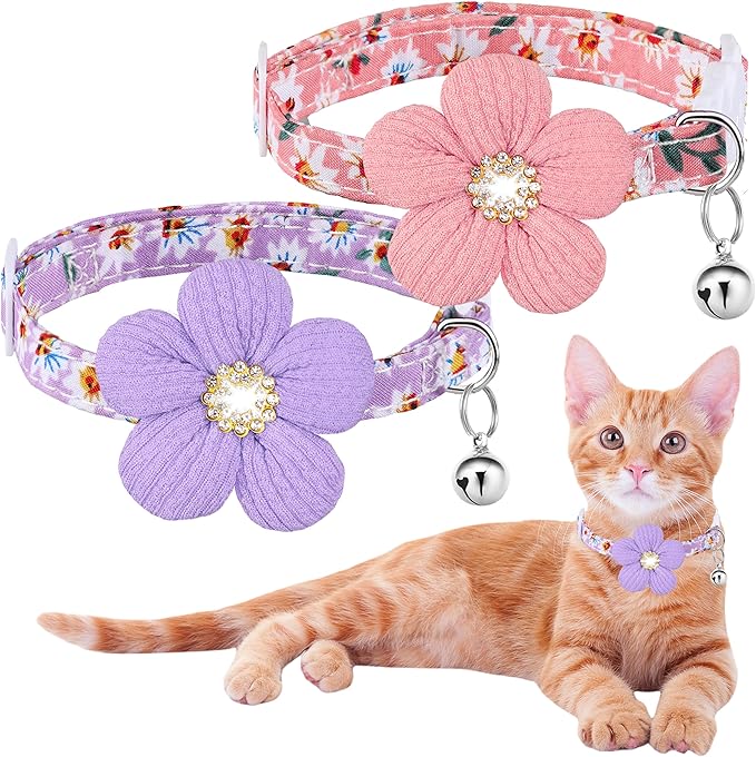 Cat Collar, HYQHYX Breakaway Kitten Collar with Flower,Rhinestone Kitty Collar with Bell, Floral Pet Collar with Safety Buckle for Cats and Puppy Dog (Pink + Purple)