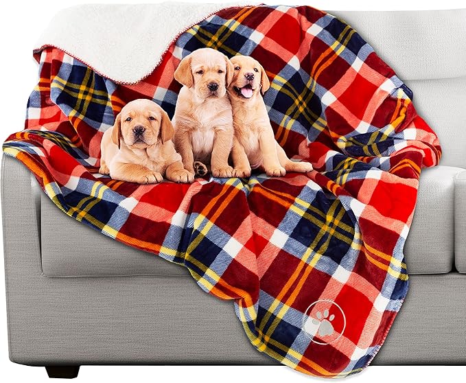 Waterproof Pet Blanket - 50x60 Reversible Plaid Throw Protects Couch, Car, Bed from Spills, Stains, or Fur - Dog and Cat Blankets by Petmaker (Red)