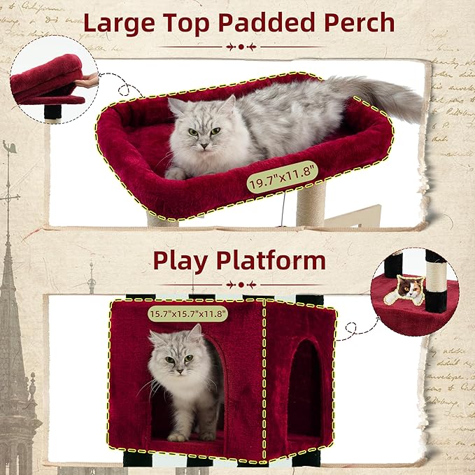 Cat Tree for Indoor Cats Large Adult, Heavy Duty Cat Tree for Large Cats 20 lbs+, Cat Condo with Big Wooden Perch, Cat Tower with 14 Scratching Posts, Hammock, Black GCT023BR