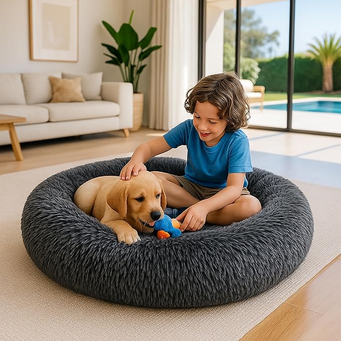Calming Dog Bed - Fluffy Donut Cuddler for Anxiety Relief, Orthopedic Pet Bed with Non-Slip Bottom, Cozy Round Faux Fur Nest for Dogs and Cats, Plush Crate Mat for Comfort (Dark Grey, Small)