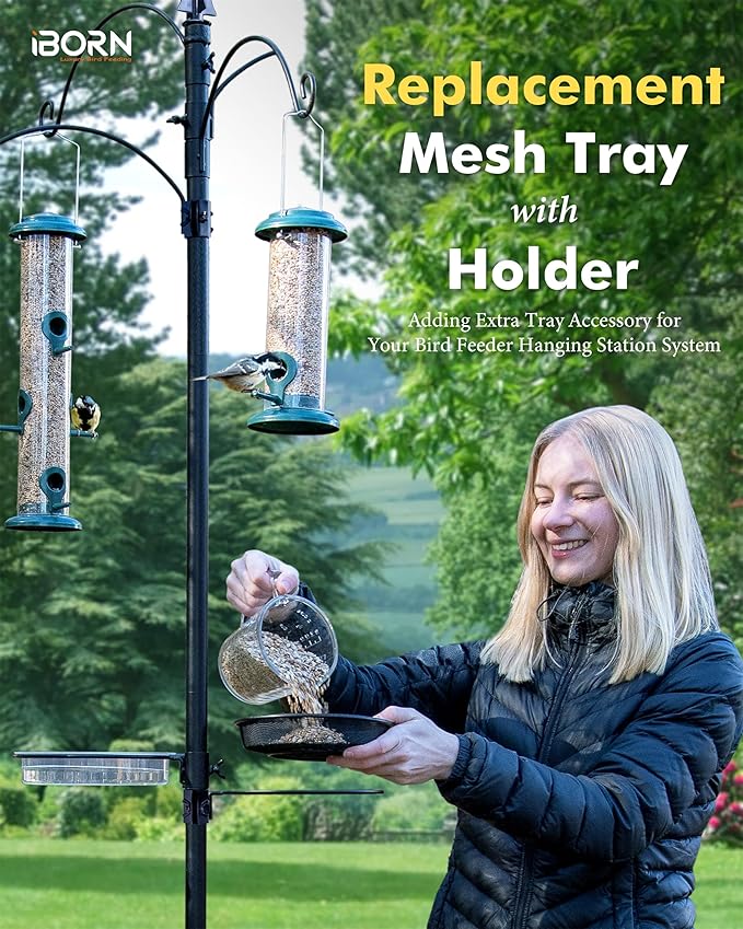 iBorn Bird Feeders Station Mesh Tray and Ring for 1” Pole Stand Station Outdoor Accessory for Humming Bird Feeders for Outside,5SECOND to Install,Fit for 1 Inch Pole,1 Inch Wooden Stick,Pack of 2