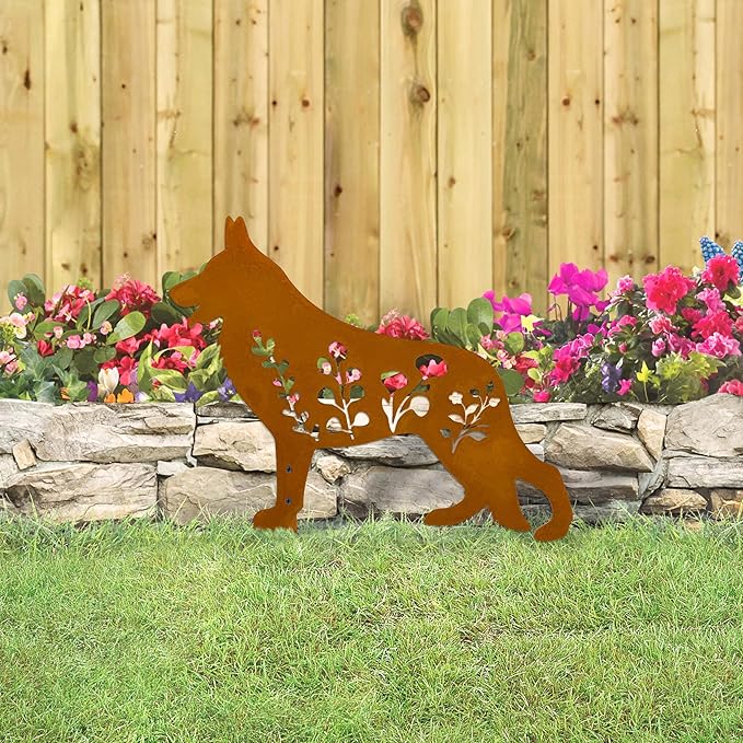 Dog Garden Stake - Unique Gift for Dog Lovers,Black Metal Outdoor Decor, Durable Yard Art Statue (Rust German Shepherd)