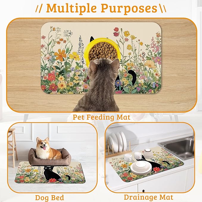 Dog Bowl Mat,Cat Black Pet Feeding Mat for Floors Waterproof,Color Flowers Absorbent Dogs Placemat for Food and Water Quick Dry Pet Cat Feeding Mats with Non Slip Bottom 12" x 20"