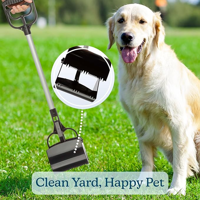 Long‑Handle Pet Pooper Scooper for Dogs & Cats - One‑Hand Gripper Waste Picker Outdoor & Indoor Poop Scoop with Serrated Jaws - Aluminum & Plastic Sanitary Pet Waste Cleanup Tool by PETMAKER (Black)