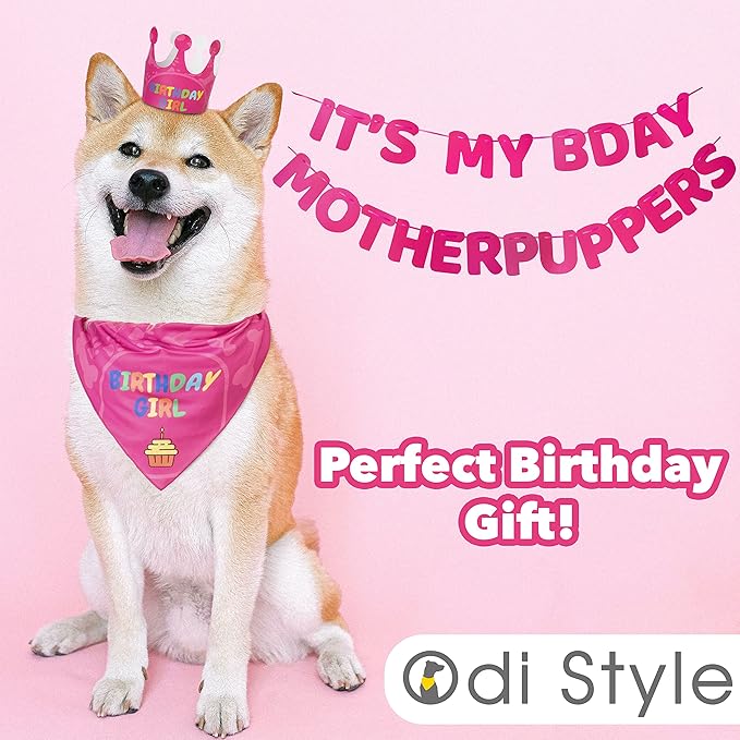 Dog Birthday Party Supplies - Bday Decoration Set - Birthday Girl Bandana for Medium, Large Dogs, Party Hat, Crown and Cute Banner with It's My Birthday Mother Puppers Sign